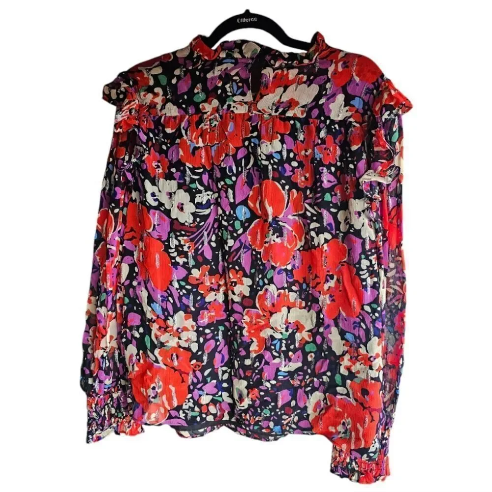 J CREW Smocked Popover‎ Top in Lurex Dot Floral Print - Size Medium